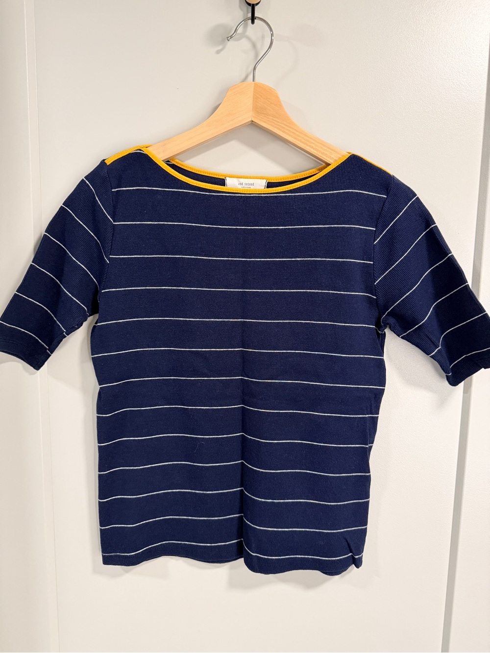 Autumn Wear is Here! 🍂 Navy Stripe Knit Top with Yellow Trim